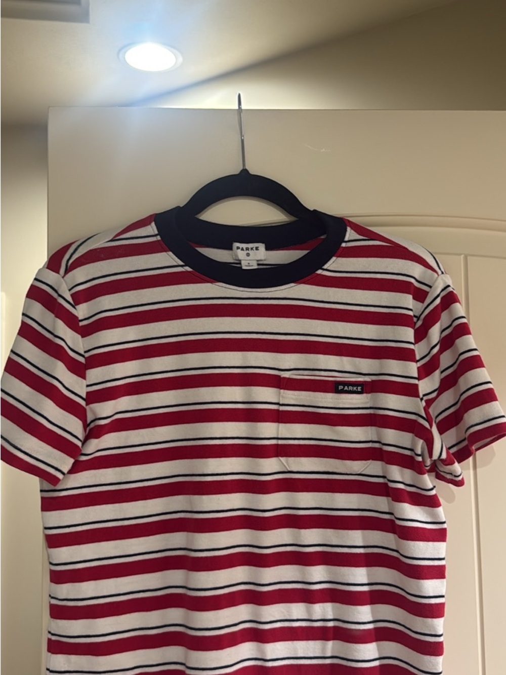 Parke Red, White & Black Striped Short-Sleeve Pocket Tee.